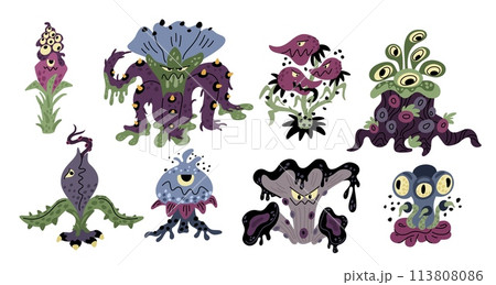 Monster plants. Carnivore flowers. Fantastic angry flora. Predatory botanical mascots. Dangerous blossoms. Creepy flytraps with eyes or teeth. Cartoon spooky characters. Garish vector set 113808086