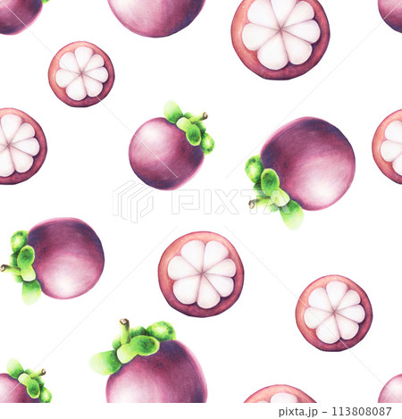 Purple mangosteen seamless pattern. Tropical watercolor fruit illustration isolated on background. For designers, spa decoration, postcards, wedding, greetings, wallpapers, wrapping paper 113808087