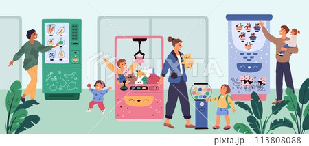 People buying at vending machine. Customers use electronic devices with snacks and toys. Automated product purchase. Retail appliance. Food selling equipment. Garish vector concept 113808088