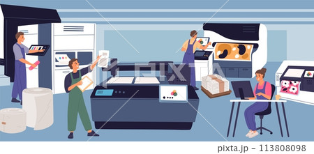 Printing house staff working. Polygraphy productions. People in printshop. Typography machines. Professional equipment. Color correction. Press office employees. Garish vector concept 113808098