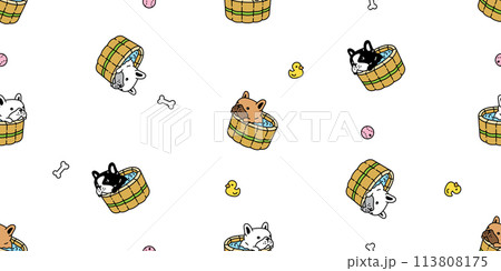 dog seamless pattern french bulldog shower bathing wooden oak bathtub teak puppy vector bone pet toy duck rubber doodle cartoon tile background gift wrapping paper repeat wallpaper scarf isolated illu 113808175