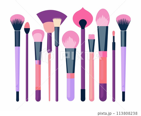 Pink make up brushes. Makeup brushes set on a white background. Vector illustration of makeup brushes. 113808238