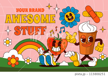 Hand drawn cartoon groovy characters composition 113808251