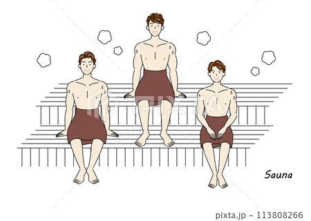 サウナ室でサウナを楽しんでいるサウナ好きの爽やかな三人の男性 ととのう サウナ男子 シンプル イラスト
 113808266