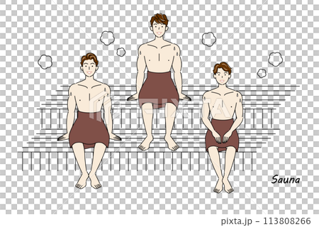 サウナ室でサウナを楽しんでいるサウナ好きの爽やかな三人の男性 ととのう サウナ男子 シンプル 113808266