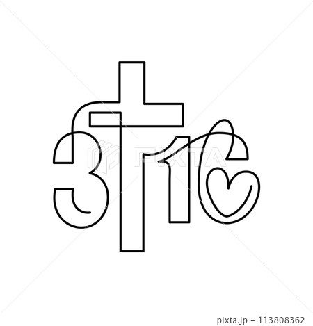 Biblical Phrase form John 3:16. Continuously one art line logo cross icon about God love. True Story, typography for print or use as poster, card, flyer Biblical Phrase form John 3:16. Continuously one art line logo cross icon about God love. True Story, typography for print or use as poster, card, flyer 113808362