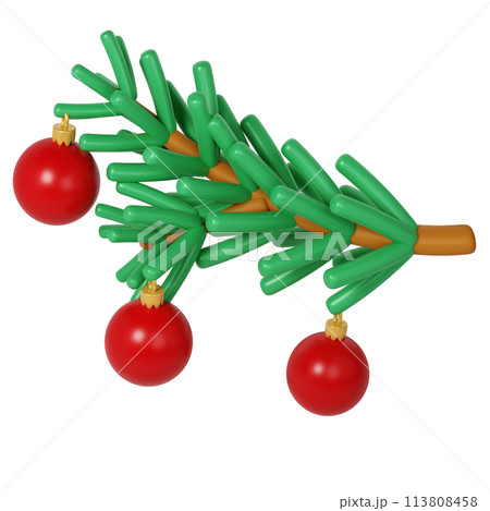 3D Green Lush Spruce Branch with red Merry Christmas toys. Render Abstract Evergreen Tree, Fir Branch. Happy New Year Decoration Holiday. Xmas Celebration Illustration 113808458