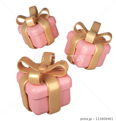 3d pink Valentines Day three gift boxes icon with golden ribbon bow on white background. Render Romantic love modern holiday item for present shopping banner or poster 113808461