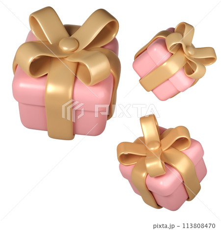 3d pink Valentines Day three gift boxes icon with golden ribbon bow on white background. Render Romantic love modern holiday item for present shopping banner or poster 113808470