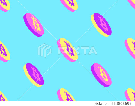 Seamless pattern with coins with Bitcoin symbol. 3D Bitcoin coin in pink, yellow and purple colors. Bitcoin cryptocurrency, crypto trading. Design of wallpaper, banner and poster. Vector illustration 113808693