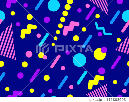 Geometric seamless pattern with memphis elements in 80s style. Colorful geometric pattern. Design of promotional products, wrapping paper and printing. Vector illustration 113808698