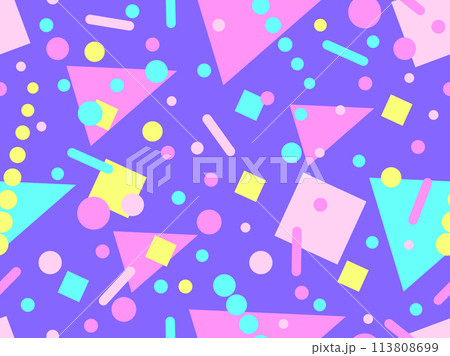 Geometric seamless pattern with memphis elements in 80s style. Colorful geometric pattern. Design of promotional products, wrapping paper and printing. Vector illustration Geometric seamless pattern with memphis elements in 80s style. Colorful geometric pattern. Design of promotional products, wrapping paper and printing. Vector illustration 113808699
