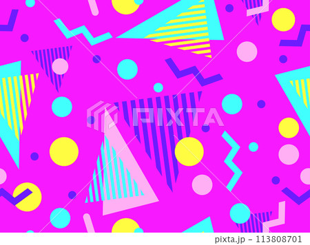 Geometric seamless pattern with memphis elements in 80s style. Colorful geometric pattern. Design of promotional products, wrapping paper and printing. Vector illustration Geometric seamless pattern with memphis elements in 80s style. Colorful geometric pattern. Design of promotional products, wrapping paper and printing. Vector illustration 113808701