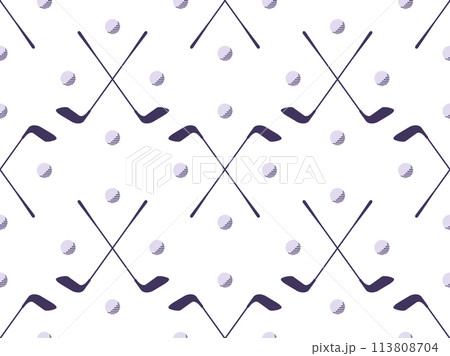 Seamless pattern with golf clubs. Black and white pattern with golf putter and a golf ball in a minimalist style. Design for print, banners and posters, promotional items. Vector illustration 113808704