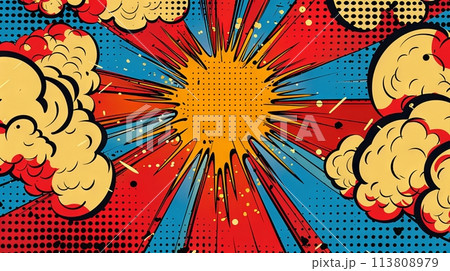 Retro comic style blast with radiating lines and cloud puffs on dotted red backdrop. Pop art comic style pattern. Background, wallpaper. 113808979
