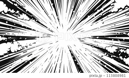 Radial lines for comic books. Black and white filter. Comic action frame. Royalty high-quality image of action lines. Motion or movement effect. 113808981