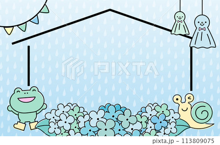 家とあじさい・カエルの子供・てるてる坊主等をモチーフにしたポップな梅雨の背景フレーム素材 113809075