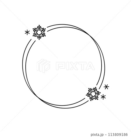 Trendy christmas winter linear round frame with snowflake, Modern minimalist aesthetic line elements, geometric forms. Vector sparkle for social media or poster design, simple decorative boho style 113809186