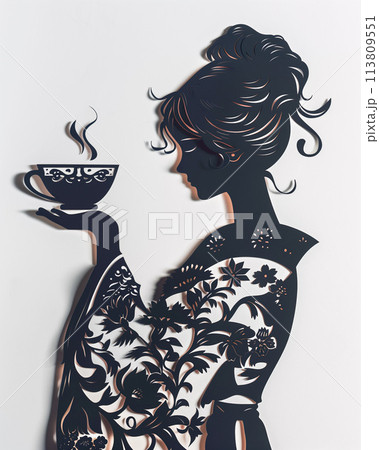 コーヒーカップを持つ女性の切り絵 113809551