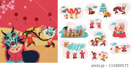 Hand drawn Chinese new year icons with illustration 113809571