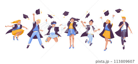 A group of graduates jump together. Children. Happiness. Diploma. Vector flat illustration 113809607