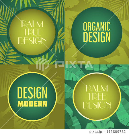 Hand drawn flat cartoon palm tree square background set with tropical leaves 113809782