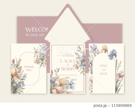 Luxury wedding invitation card background with watercolor iris flowers and botanical leaves. 113809869