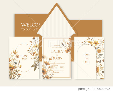 Luxury wedding invitation card background with watercolor dried flowers and botanical leaves. Luxury wedding invitation card background with watercolor dried flowers and botanical leaves. 113809892