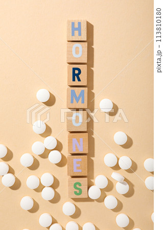 The word hormones on a light background. The word hormones on a light background. 113810180