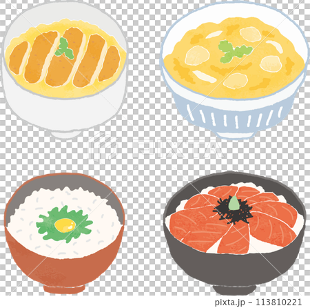 手描き風の丼物料理のイラストセット 手描き風の丼物料理のイラストセット 113810221