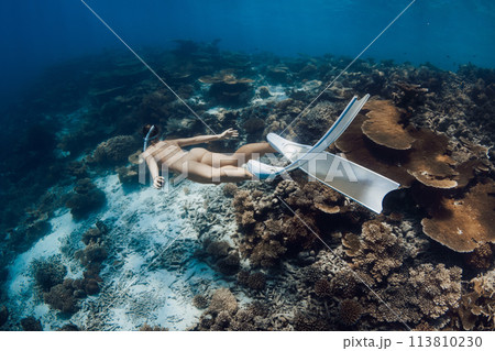 Woman freediver glides in blue sea over living corals. Free diver girl swims underwater in Maldives Woman freediver glides in blue sea over living corals. Free diver girl swims underwater in Maldives 113810230