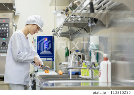 白衣を着て食事を作る女性 白衣を着て食事を作る女性 113810250