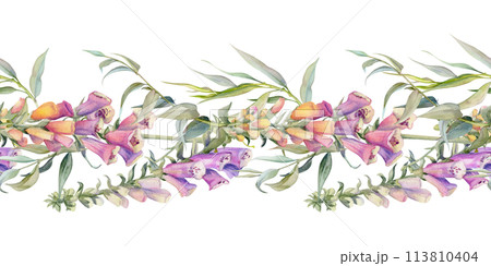 Hand drawn watercolor illustration shabby boho botanical flowers leaves. Willow eucalyptus branch, foxglove snapdragon lupin. Seamless banner isolated on white background. Design wedding, love cards Hand drawn watercolor illustration shabby boho botanical flowers leaves. Willow eucalyptus branch, foxglove snapdragon lupin. Seamless banner isolated on white background. Design wedding, love cards 113810404