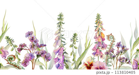 Hand drawn watercolor illustration botanical flowers leaves. Willow eucalyptus, foxglove snapdragon lupin, pink lobelia jasmine, bergenia heliotrope. Seamless banner isolated on white. Wedding, cards Hand drawn watercolor illustration botanical flowers leaves. Willow eucalyptus, foxglove snapdragon lupin, pink lobelia jasmine, bergenia heliotrope. Seamless banner isolated on white. Wedding, cards 113810405