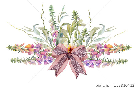 Hand drawn watercolor illustration botanical flowers leaves. Foxglove snapdragon lupin, mauve pansy viola, willow eucalyptus branches, columbine. Bouquet isolated on white. Design wedding, love cards 113810412