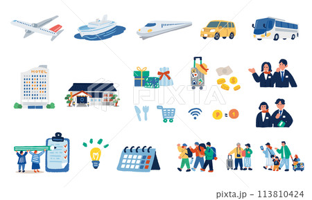 旅行する人々とアイコンのカラフルな手描きイラストセット 旅行する人々とアイコンのカラフルな手描きイラストセット 113810424