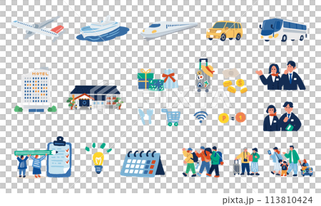 彩色手繪插圖集旅行人和圖標 113810424