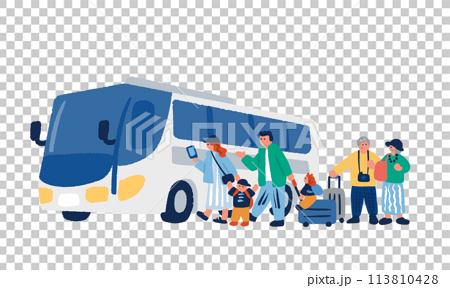 観光バスと旅行客の手描きイラスト 113810428