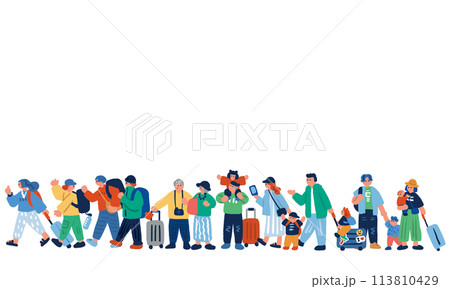旅行する人々のカラフルな手描きイラスト 旅行する人々のカラフルな手描きイラスト 113810429