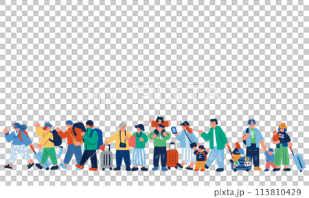 旅行する人々のカラフルな手描きイラスト 旅行する人々のカラフルな手描きイラスト 113810429