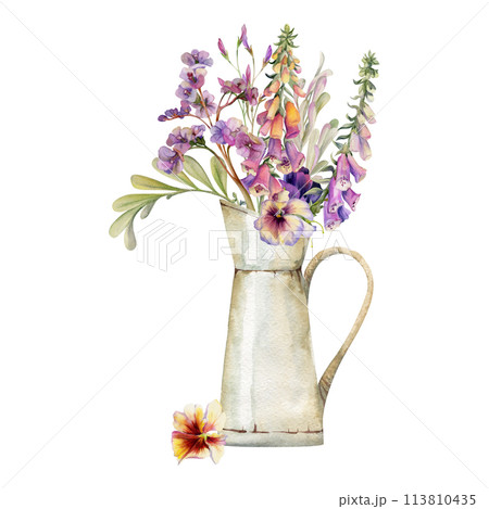 Hand drawn watercolor illustration botanical flowers leaves. Foxglove snapdragon lupin, pansy viola, willow eucalyptus, bergenia pink lobelia jasmine. Bouquet in jug isolated on white. Wedding, cards 113810435