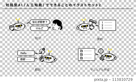 対話型AI（人工知能）でできることのシンプルイラストセット2、ベクター 113810729