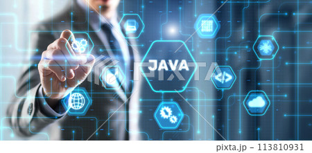 Businessman clicks Java programming language application concept on virtual screen Businessman clicks Java programming language application concept on virtual screen 113810931