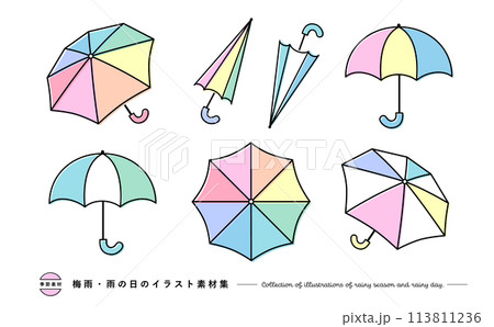 梅雨に最適なカラフルでおしゃれかわいい傘(かさ)のベクターイラスト素材のセット 梅雨に最適なカラフルでおしゃれかわいい傘(かさ)のベクターイラスト素材のセット 113811236