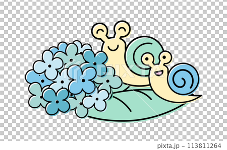 カタツムリ(かたつむり)の親子とあじさいの梅雨・6月イメージのかわいいベクターイラスト素材 カタツムリ(かたつむり)の親子とあじさいの梅雨・6月イメージのかわいいベクターイラスト素材 113811264