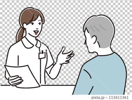 Rear view of a nurse explaining to a senior man 113811361