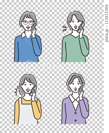 A set of senior women talking on the phone with various expressions 113811368