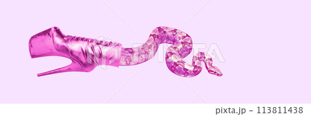 Monochrome pink image. Snake slithering out of high heel shoe. Contemporary art collage. Eye-catching promotion of fashion brands Monochrome pink image. Snake slithering out of high heel shoe. Contemporary art collage. Eye-catching promotion of fashion brands 113811438