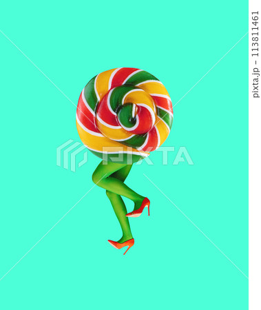 Female legs in green tights and red high heels with giant lollipop head. Contemporary art collage. Poster for candy store, clothing and accessories brands, party theme Female legs in green tights and red high heels with giant lollipop head. Contemporary art collage. Poster for candy store, clothing and accessories brands, party theme 113811461