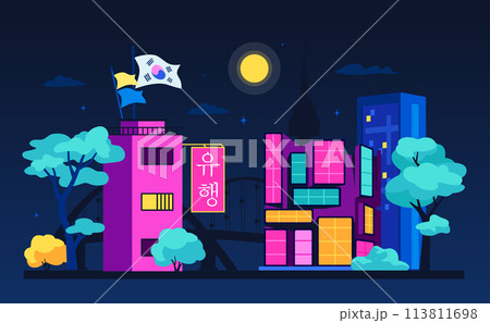 Moon lights up the streets of South Korea - colored vector illustration 113811698
